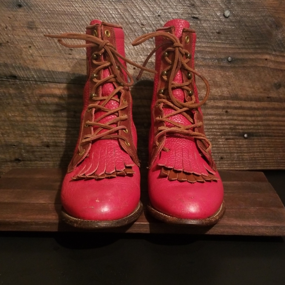 RARE Vintage Red Lace up Justin Boots - Picture 2 of 4